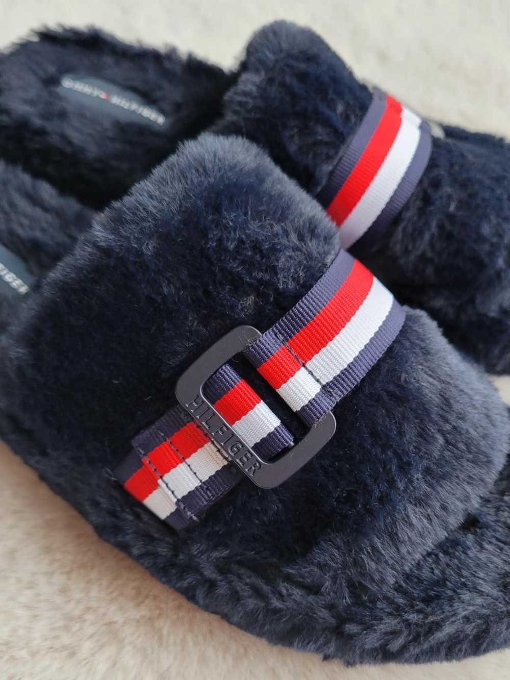 Tommy Hilfiger Navy Faux-Fur Slide Slippers